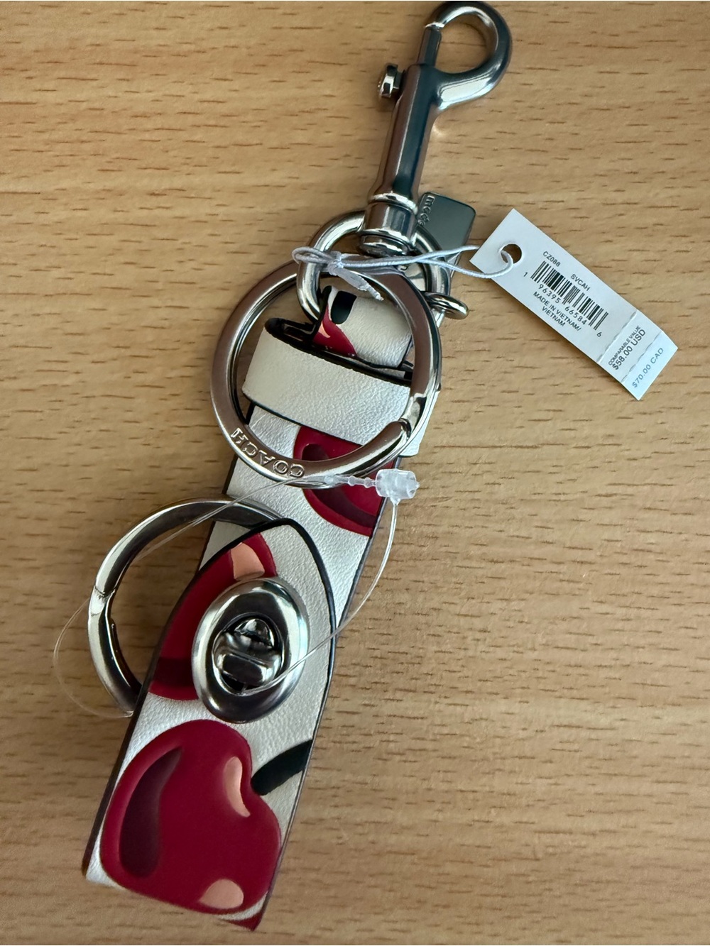 Coach Cherry White & Red Leather Key Fob with Silver Hardware